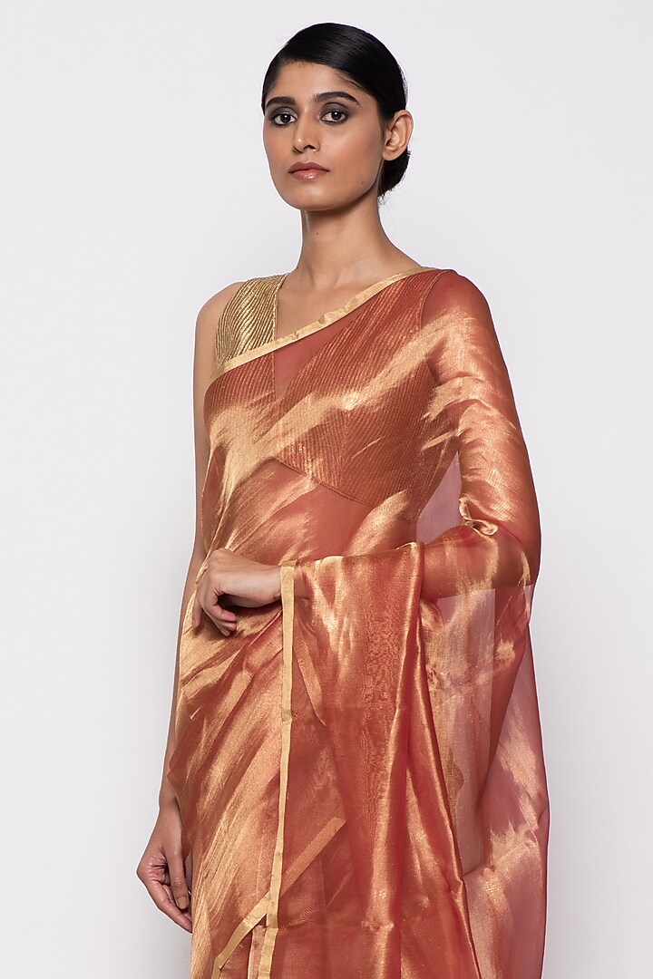 Rust Red Tissue Organza Handwoven Festive Saree by THE WEAVES at Pernia's Pop Up Shop
