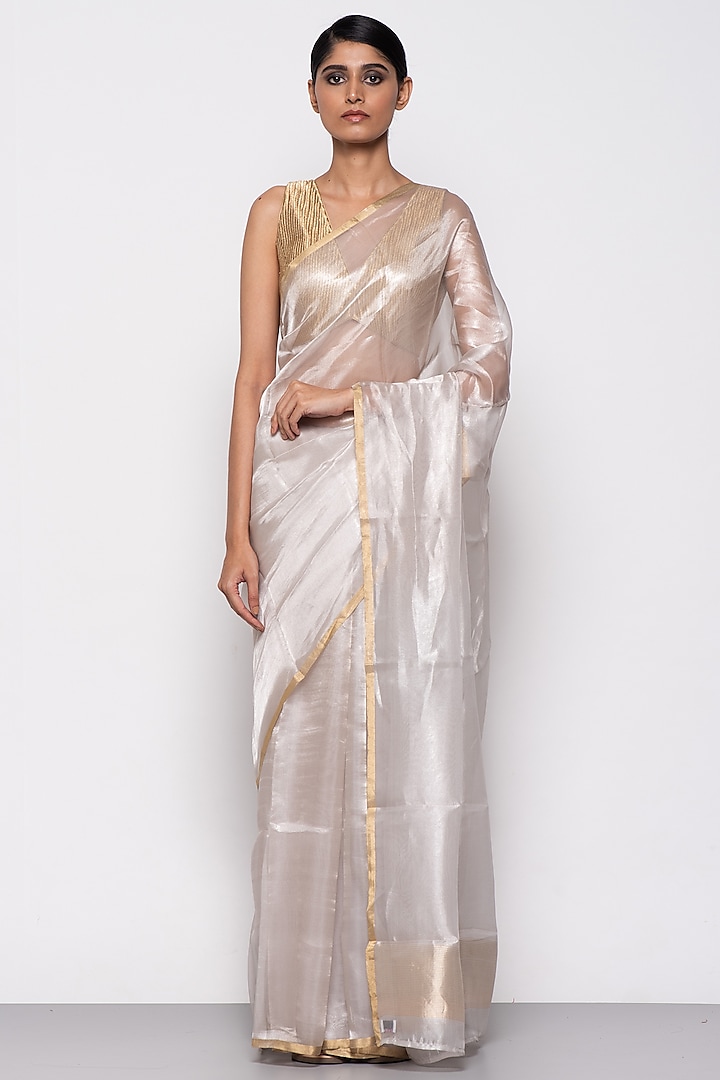 Silver Tissue Organza Handwoven Saree by THE WEAVES