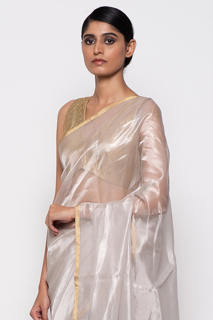 Silver Tissue Organza Handwoven Festive Saree by THE WEAVES at Pernia's Pop Up Shop