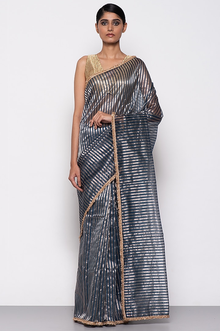 Midnight Blue Chanderi Silk Tissue Handwoven Saree by THE WEAVES
