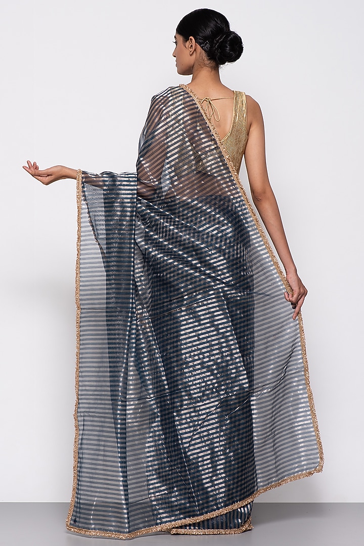 Midnight Blue Chanderi Silk Tissue Handwoven Festive Saree by THE WEAVES at Pernia's Pop Up Shop