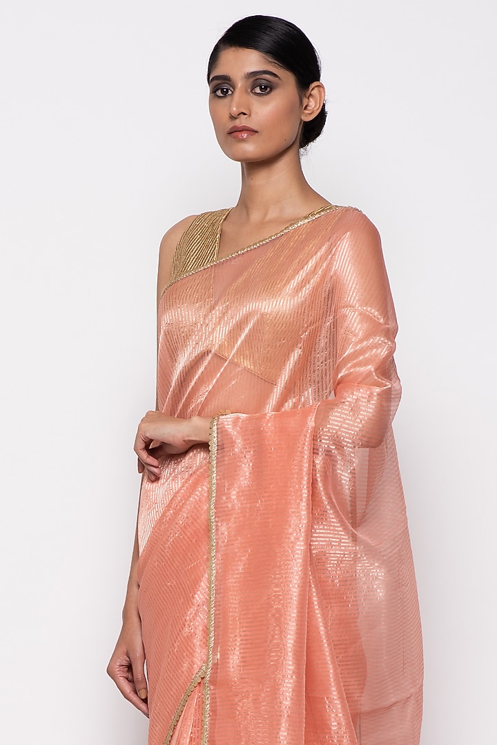 Peach Chanderi Silk Tissue Handwoven Festive Saree by THE WEAVES at Pernia's Pop Up Shop