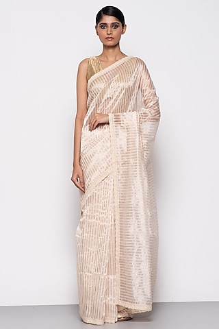 White Chanderi Silk Tissue Handwoven Saree by THE WEAVES