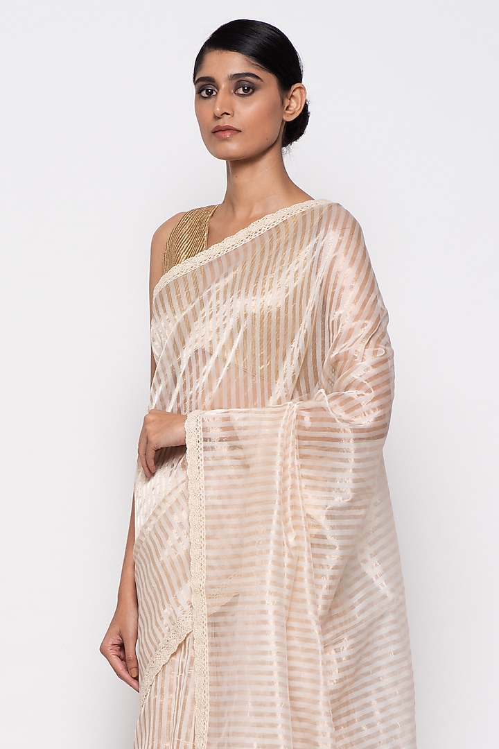 White Chanderi Silk Tissue Handwoven Festive Saree by THE WEAVES at Pernia's Pop Up Shop