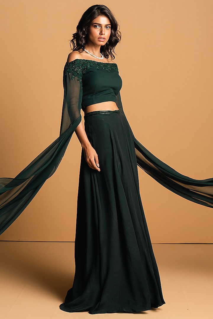 Bottle Green Georgette Skirt Set by 28 Threads at Pernia's Pop Up Shop