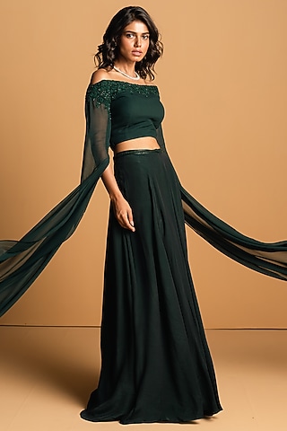 Bottle Green Georgette Skirt Set by 28 Threads