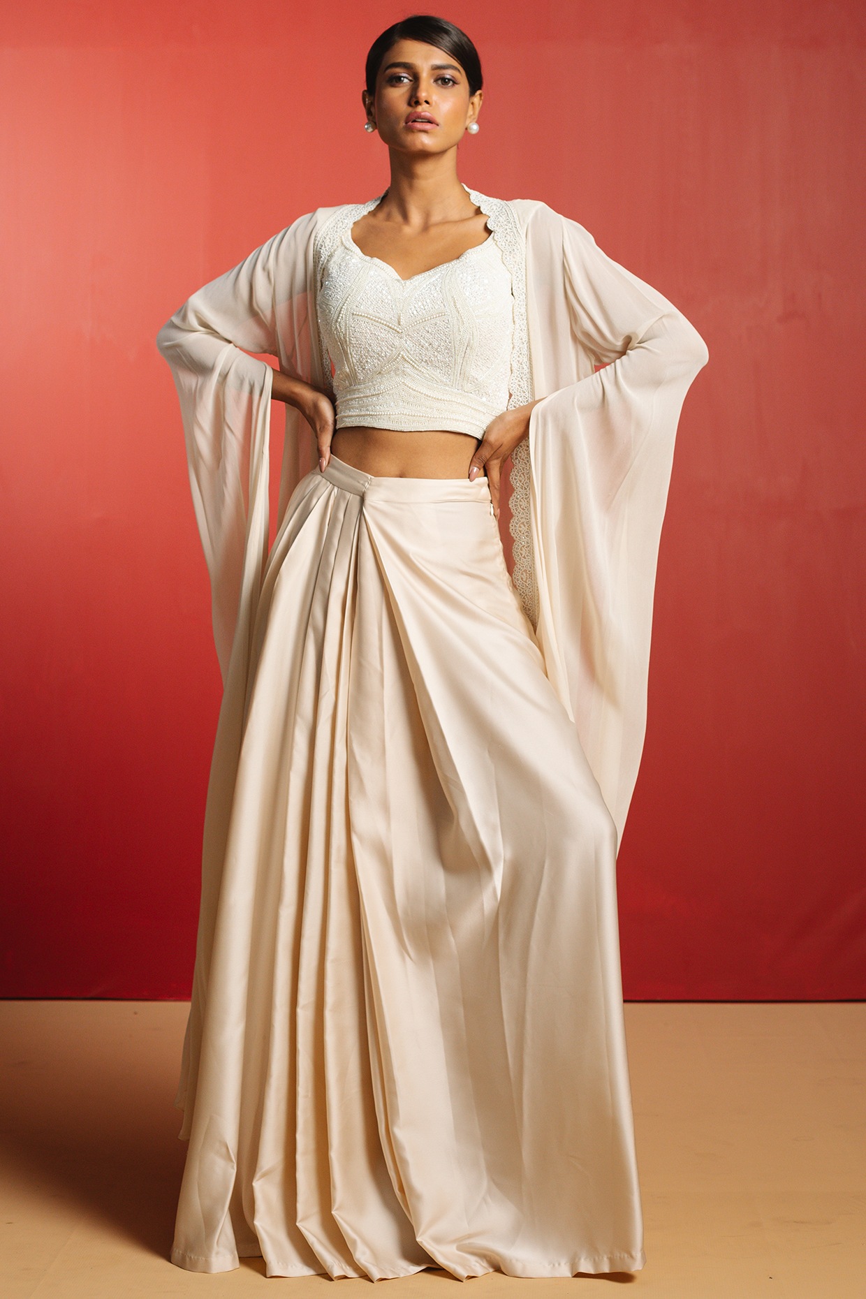 Ivory Satin Draped Skirt Set by 28 Threads at Pernia's Pop