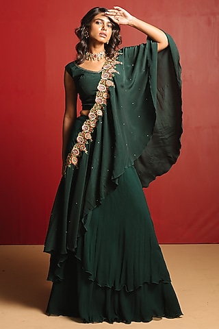 Bottle Green Crepe & Georgette Lehenga Set by 28 Threads