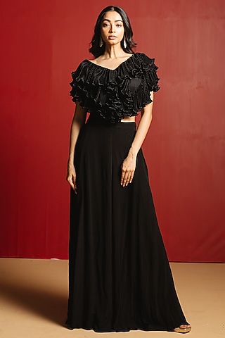 Black Crepe A-Line Skirt Set by 28 Threads