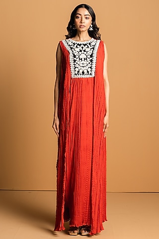 Red Crepe & Chiffon Hand Embroidered Crushed Dress by 28 Threads