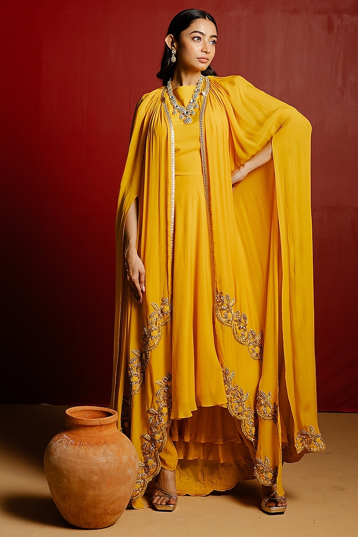 Yellow Crepe Hand Embroidered Layered Cape Set by 28 Threads