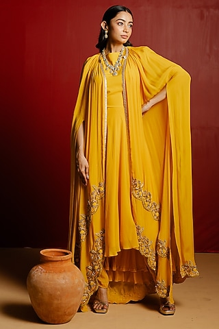 Yellow Crepe Hand Embroidered Layered Cape Set by 28 Threads