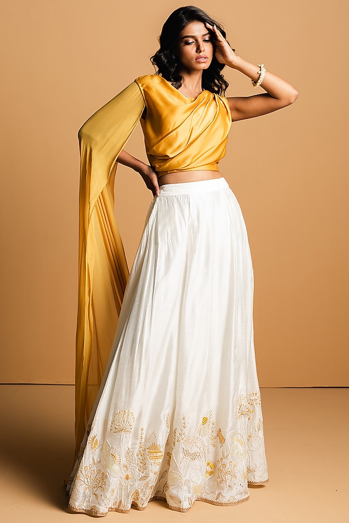 Ivory Satin & Silk Embroidered Skirt Set by 28 Threads