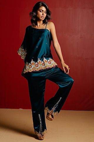 Teal Satin Embroidered Co-Ord Set by 28 Threads