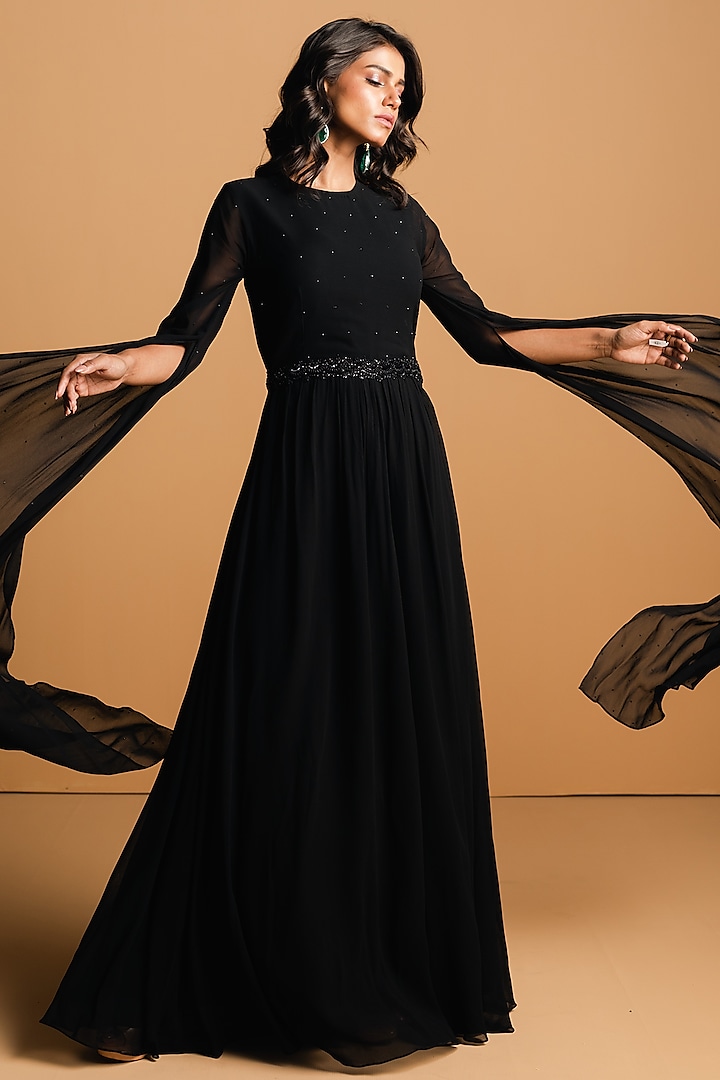 Black Georgette Hand Embroidered Gown by 28 Threads