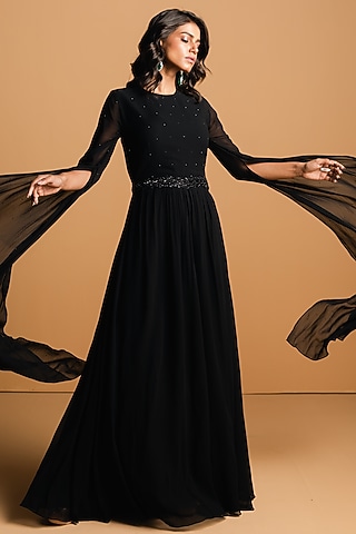 Black Georgette Hand Embroidered Gown by 28 Threads