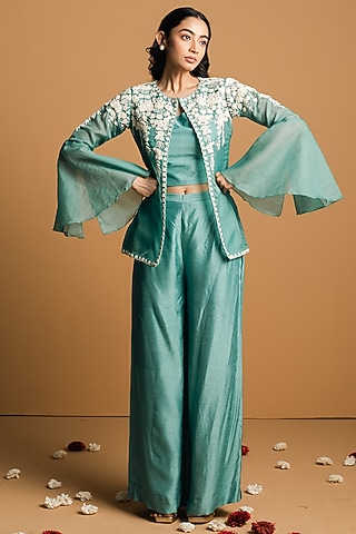 Blue Organza Hand Embroidered Cape Set by 28 Threads