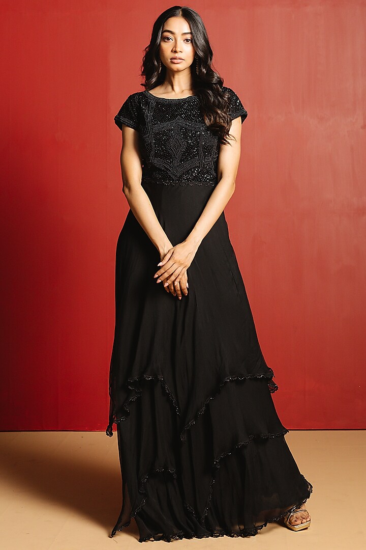 Black Net & Chiffon Hand Embroidered Layered Gown by 28 Threads