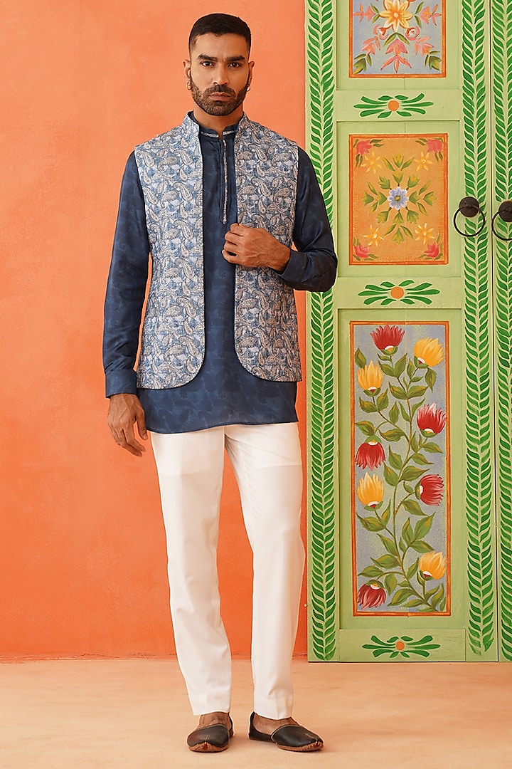 Blue Art Silk Paisley Printed Jacket Set by The Ethnic Co