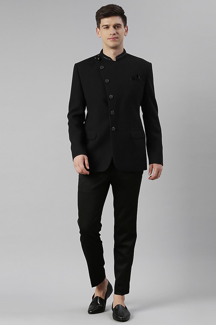 Black Knit Textured Bandhgala Set by The Ethnic Co at Pernia's Pop Up Shop
