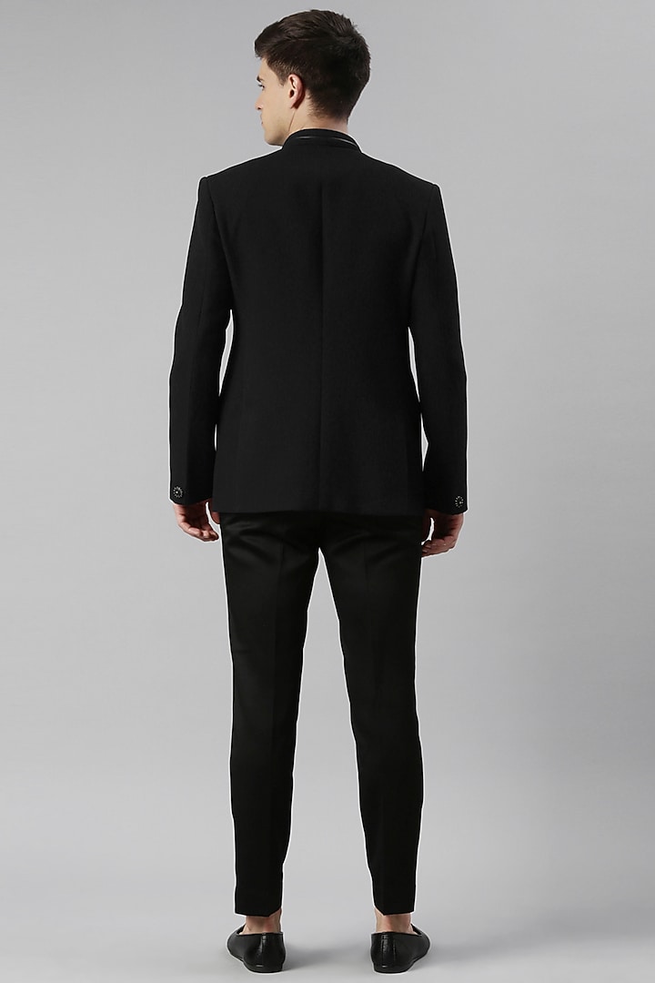 Black Knit Textured Bandhgala Set by The Ethnic Co at Pernia's Pop Up Shop