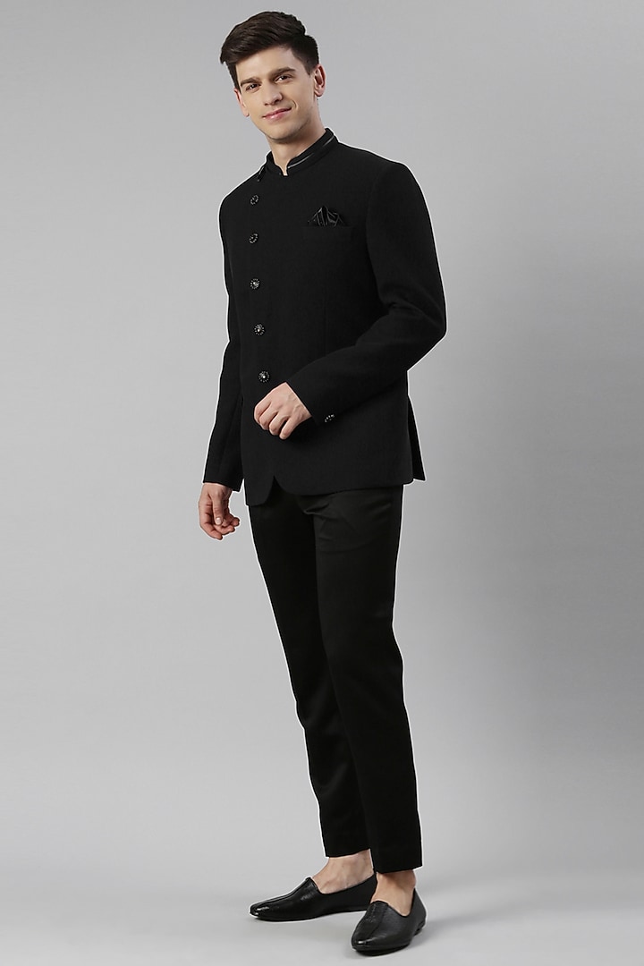 Black Knit Textured Bandhgala Set by The Ethnic Co at Pernia's Pop Up Shop