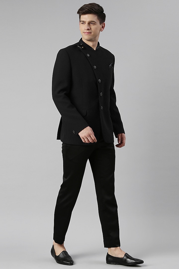 Black Knit Textured Bandhgala Set by The Ethnic Co at Pernia's Pop Up Shop