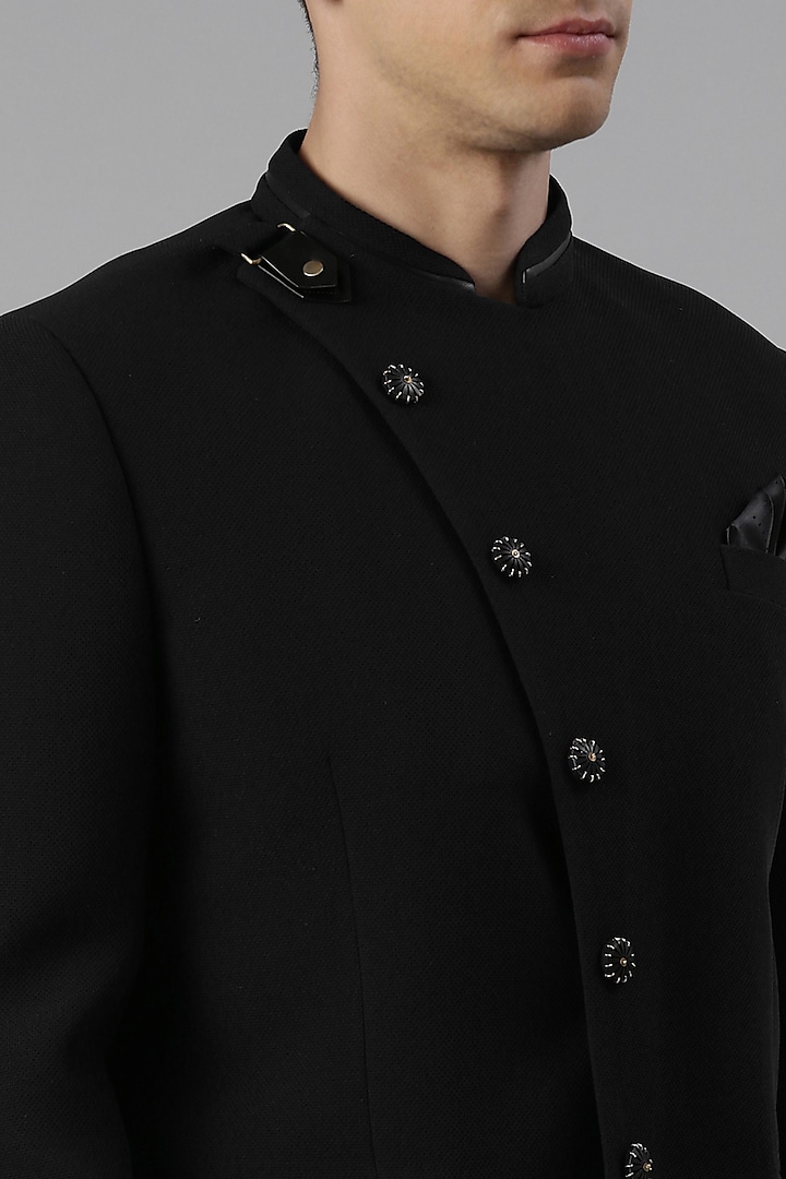 Black Knit Textured Bandhgala Set by The Ethnic Co at Pernia's Pop Up Shop