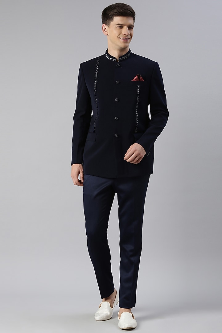 Navy Art Silk Embroidered Bandhgala Set by The Ethnic Co at Pernia's Pop Up Shop