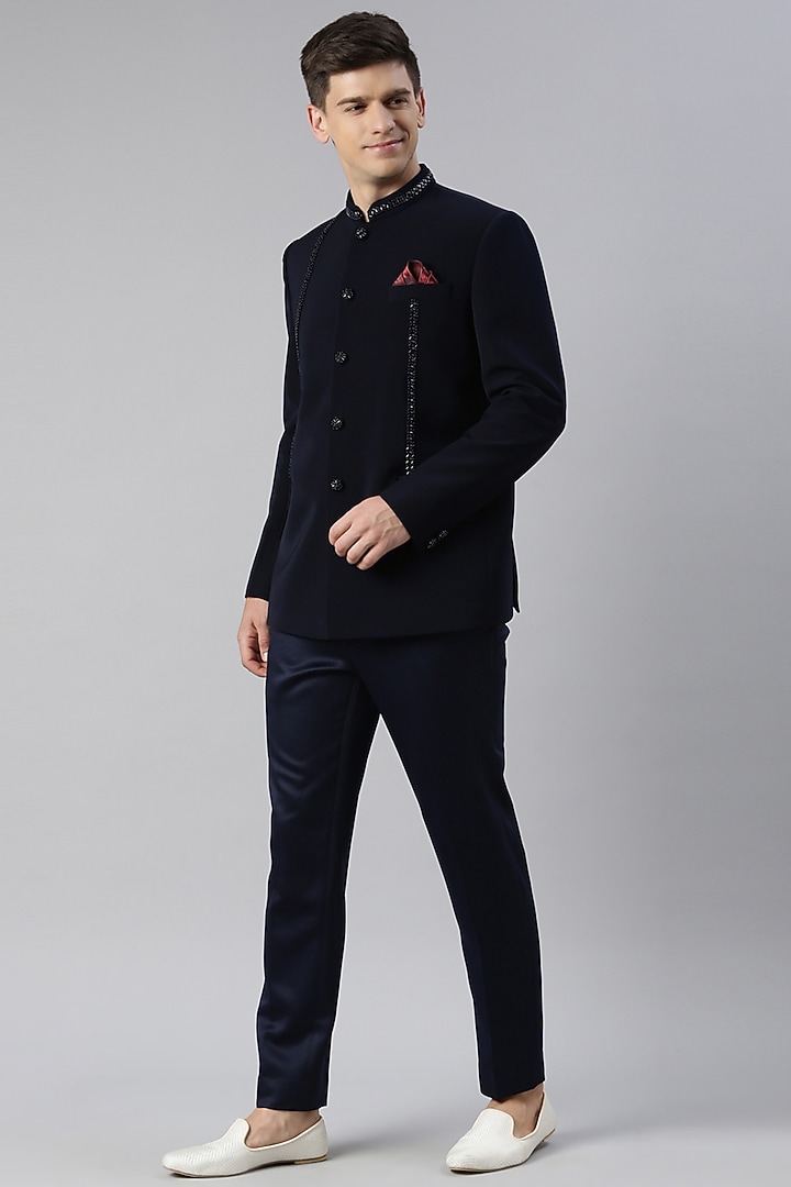 Navy Art Silk Embroidered Bandhgala Set by The Ethnic Co at Pernia's Pop Up Shop