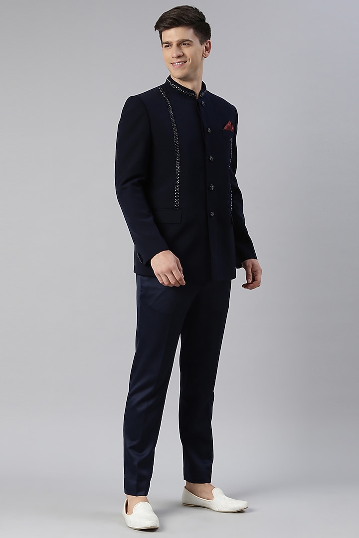 Navy Art Silk Embroidered Bandhgala Set by The Ethnic Co at Pernia's Pop Up Shop