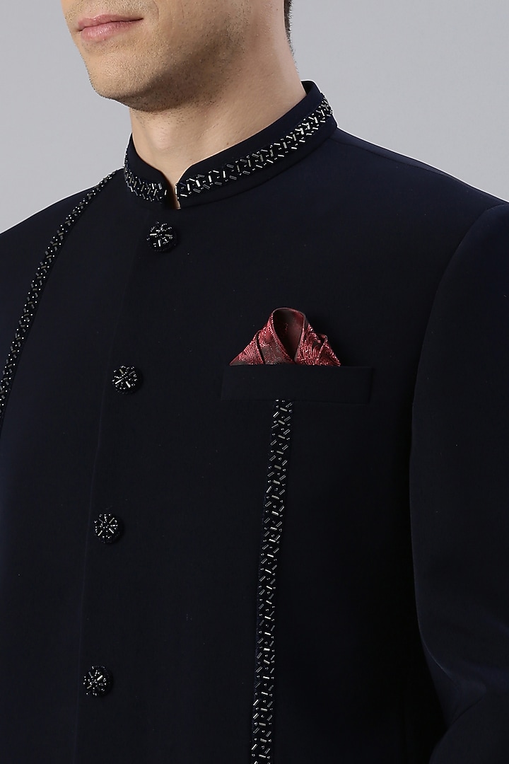 Navy Art Silk Embroidered Bandhgala Set by The Ethnic Co at Pernia's Pop Up Shop