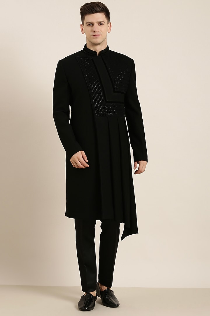 Black Art Silk Embroidered Draped Indowestern Set by The Ethnic Co at Pernia's Pop Up Shop