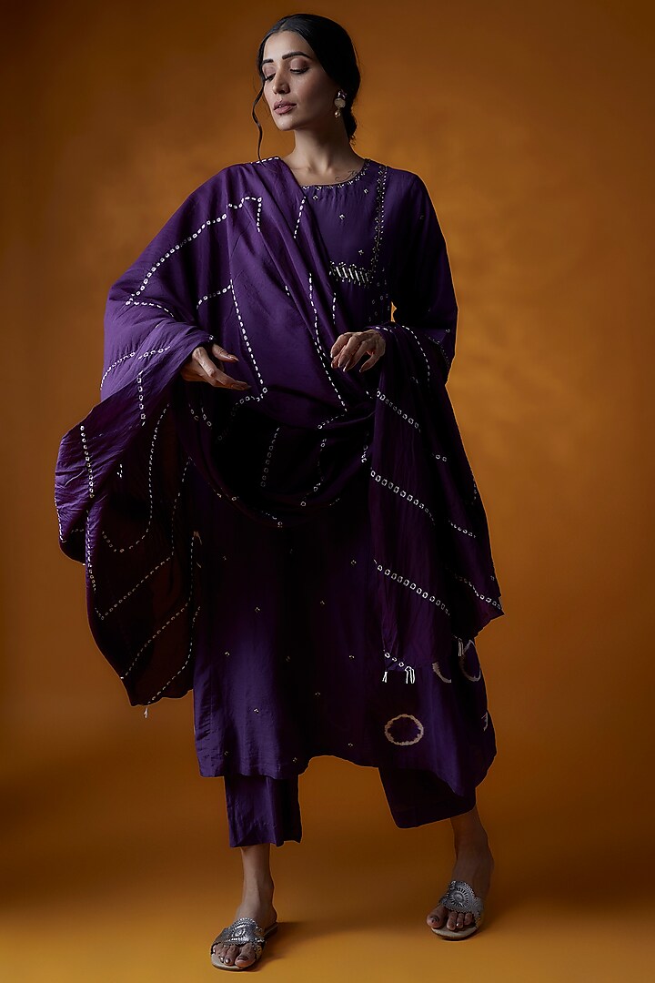 Purple Cotton Silk Printed & Embroidered Kurta Set by The Pot Plant