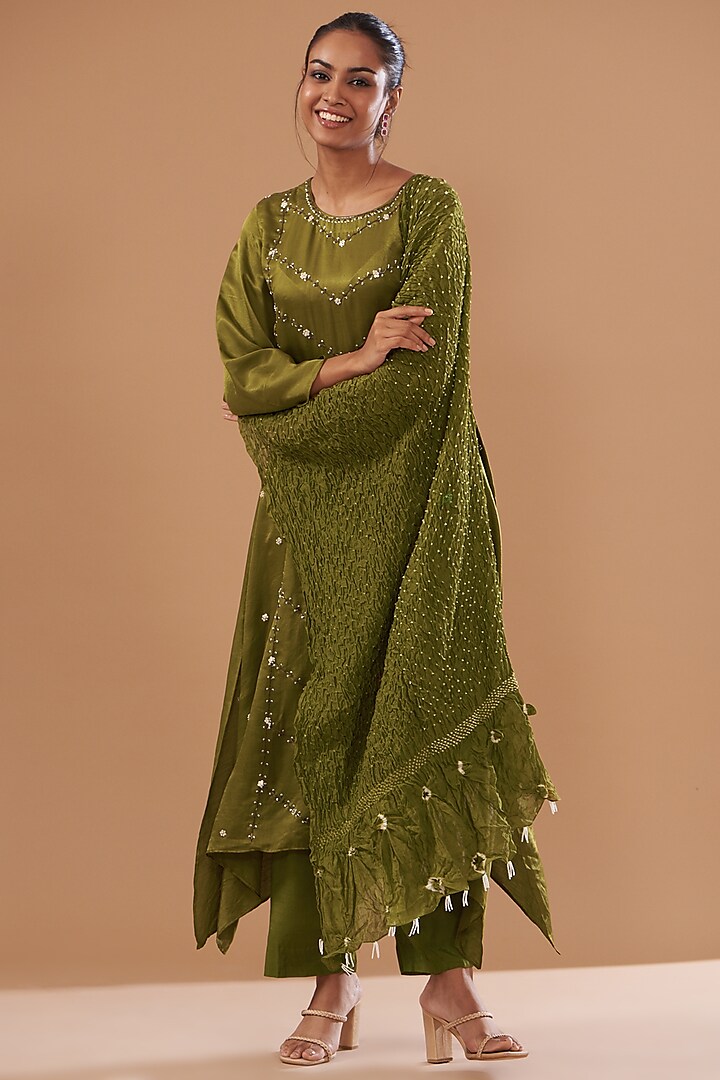 Olive Green Cotton Silk Hand Embroidered Kurta Set by The Pot Plant