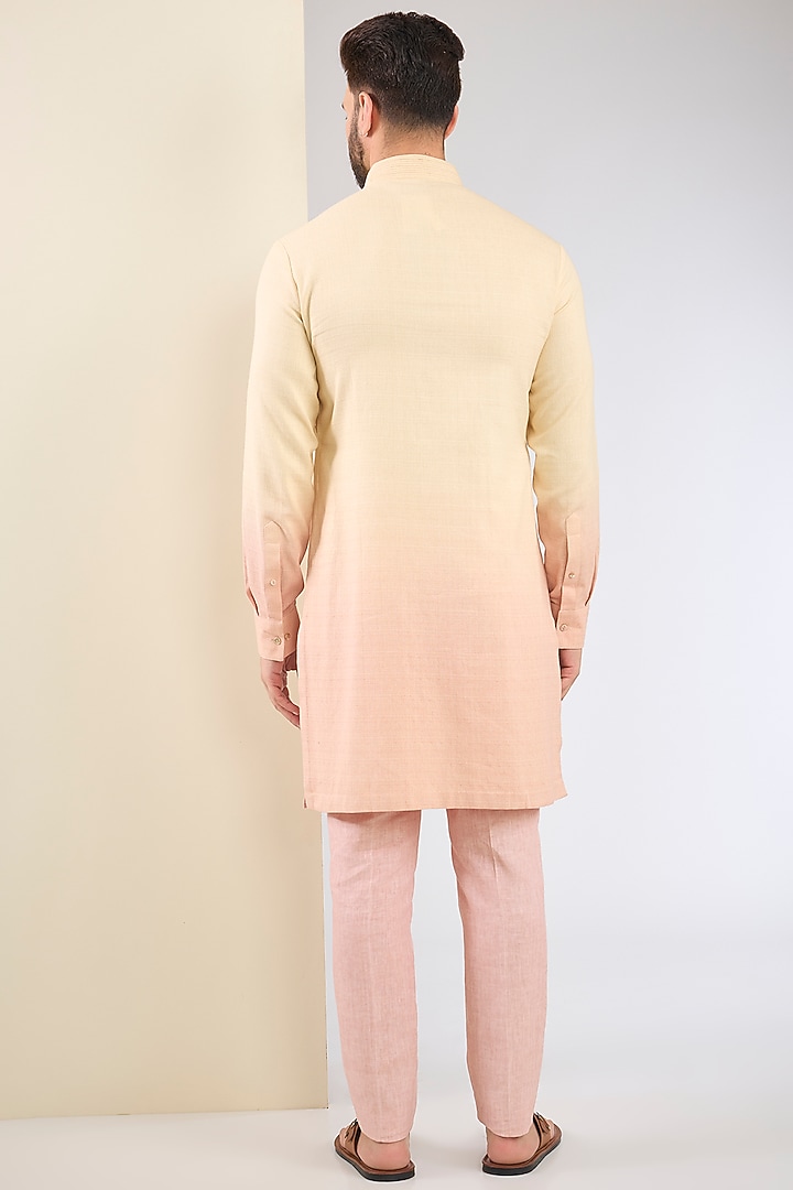 Beige & Pink Cotton Moss Hand Embroidered Ombre Kurta Set by Tarun Tahiliani Men at Pernia's Pop Up Shop