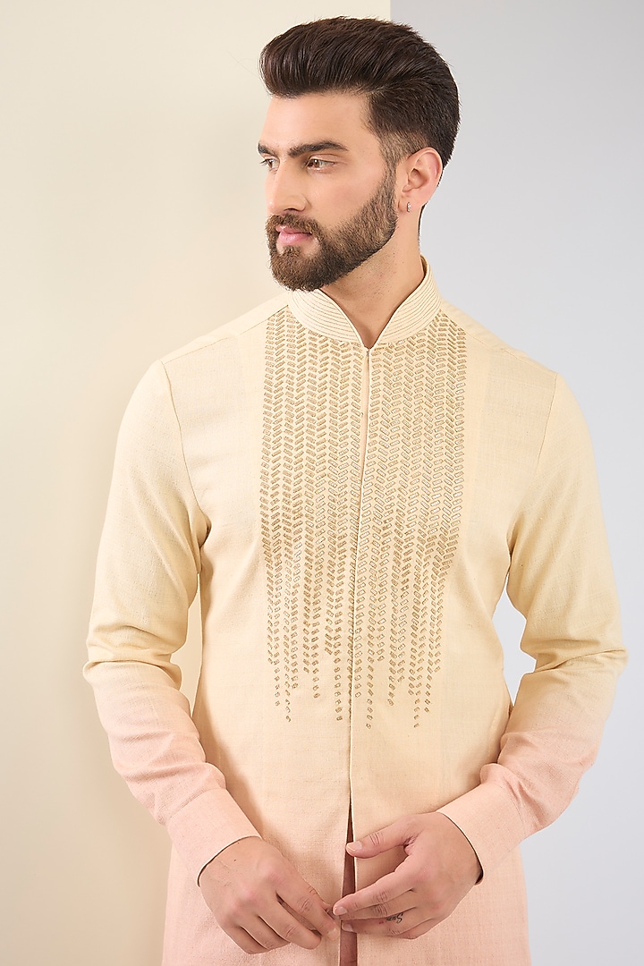 Beige & Pink Cotton Moss Hand Embroidered Ombre Kurta Set by Tarun Tahiliani Men at Pernia's Pop Up Shop