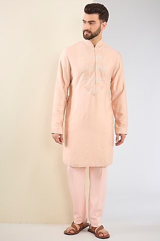 Blush Pink Silk Kurta Set by Tarun Tahiliani Men