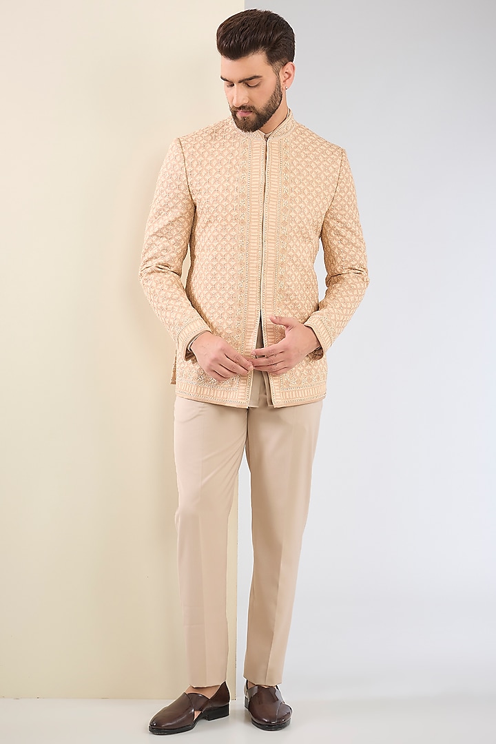 Ivory Beige Silk Double Georgette Printed & Embroidered Bandhgala Set by Tarun Tahiliani Men