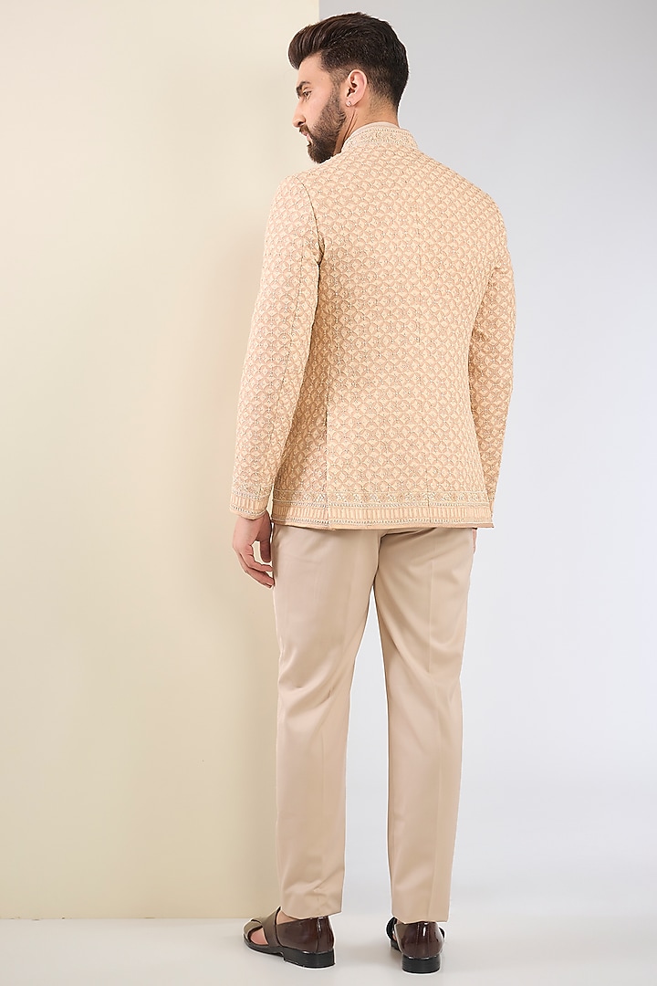 Ivory Beige Silk Double Georgette Printed & Embroidered Groom Bandhgala Set by Tarun Tahiliani Men at Pernia's Pop Up Shop