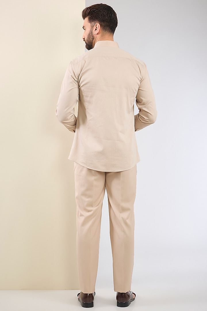 Ivory Beige Silk Double Georgette Printed & Embroidered Groom Bandhgala Set by Tarun Tahiliani Men at Pernia's Pop Up Shop