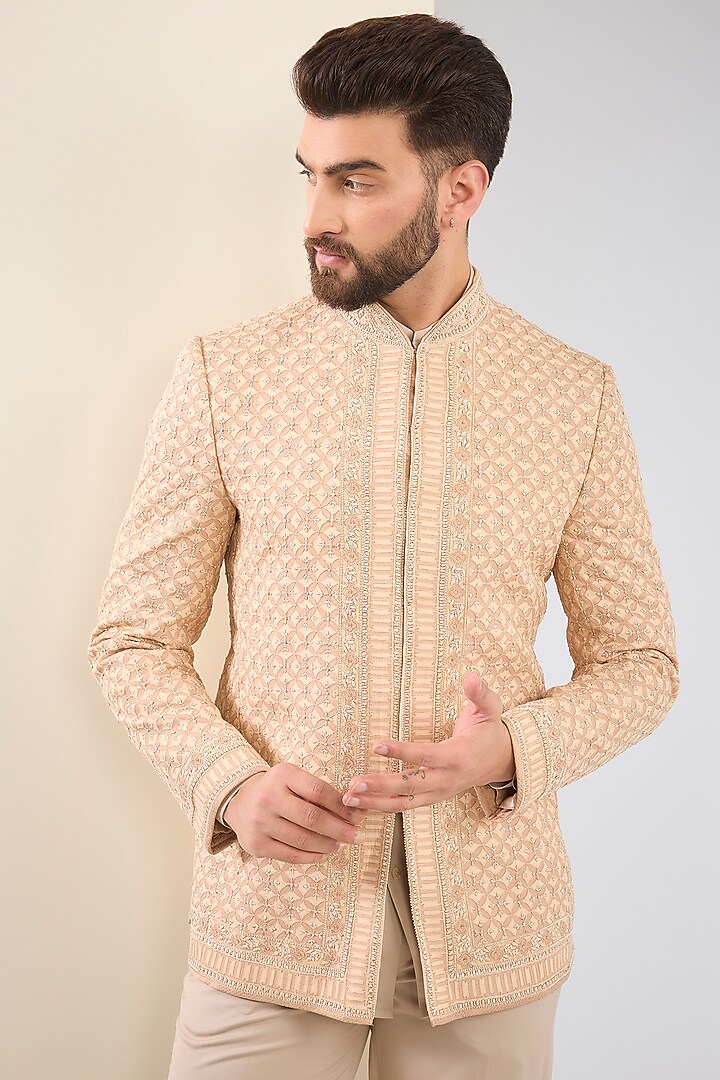 Ivory Beige Silk Double Georgette Printed & Embroidered Groom Bandhgala Set by Tarun Tahiliani Men at Pernia's Pop Up Shop