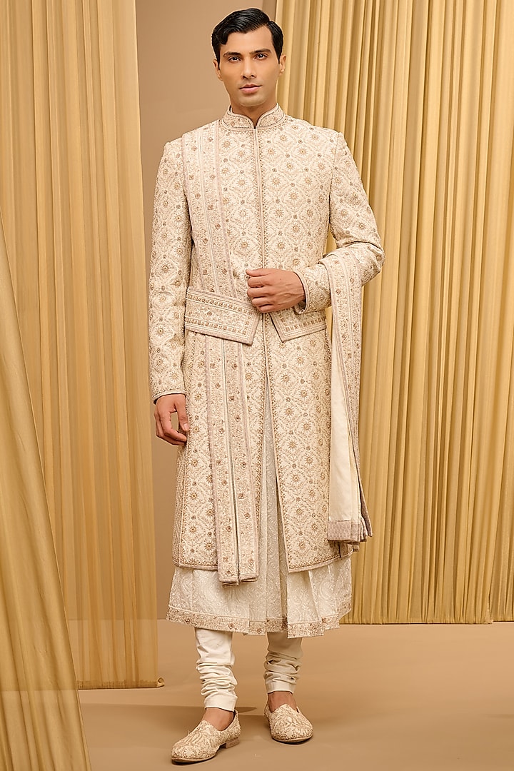 Ivory & Gold Raw Silk Sequins Embroidered Sherwani Set by Tarun Tahiliani Men