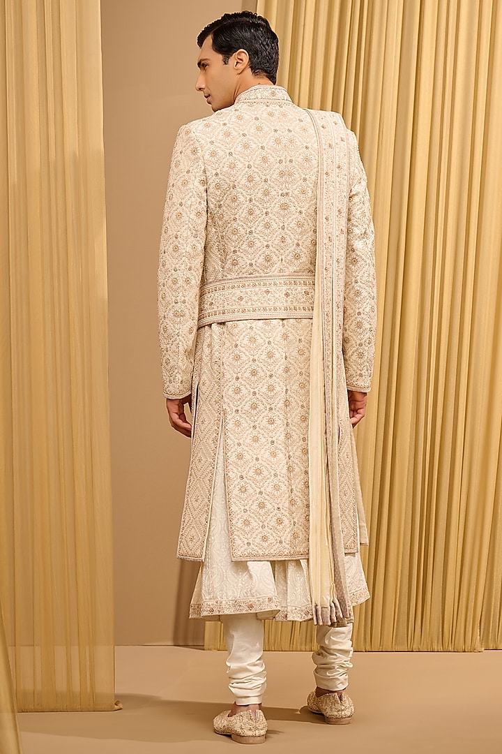 Ivory & Gold Raw Silk Sequins Embroidered Groom Sherwani Set by Tarun Tahiliani Men at Pernia's Pop Up Shop