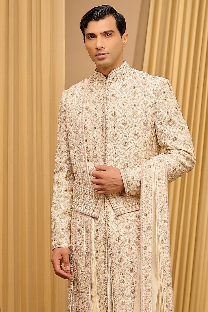Ivory & Gold Raw Silk Sequins Embroidered Groom Sherwani Set by Tarun Tahiliani Men at Pernia's Pop Up Shop