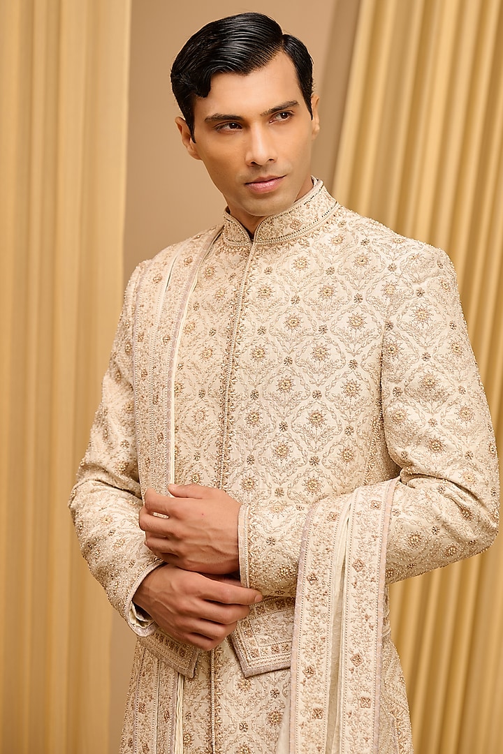 Ivory & Gold Raw Silk Sequins Embroidered Groom Sherwani Set by Tarun Tahiliani Men at Pernia's Pop Up Shop