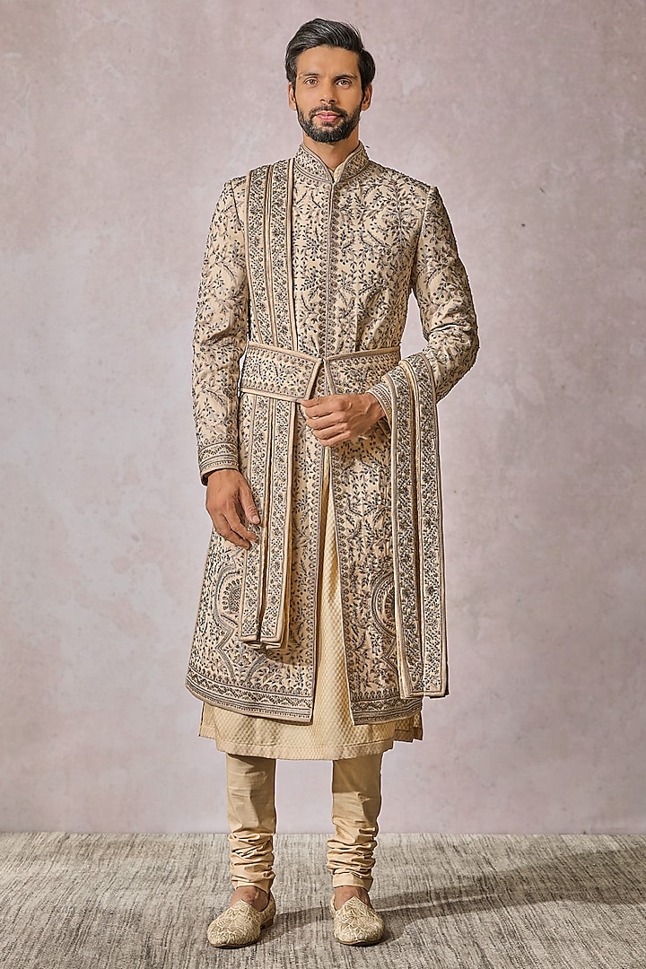 Gold Georgette Sequins Embellished Sherwani Set by Tarun Tahiliani Men