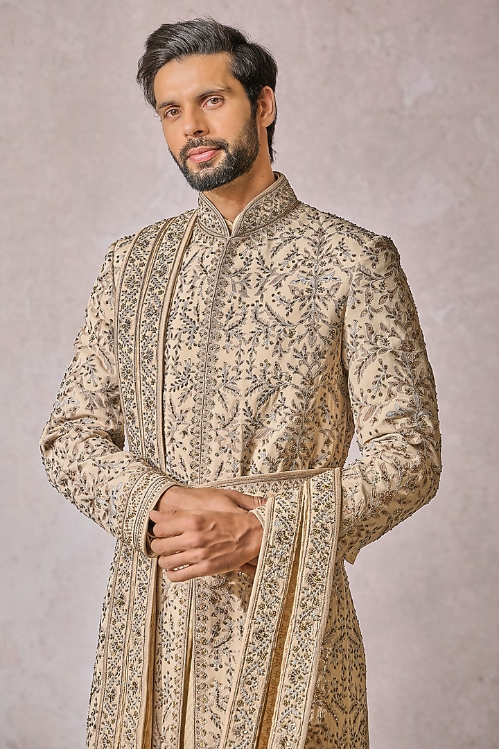 Gold Georgette Sequins Embellished Groom Sherwani Set by Tarun Tahiliani Men at Pernia's Pop Up Shop
