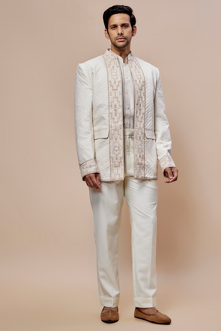 Ivory Chanderi Jacquard Textured Bandhgala Set by Tarun Tahiliani Men