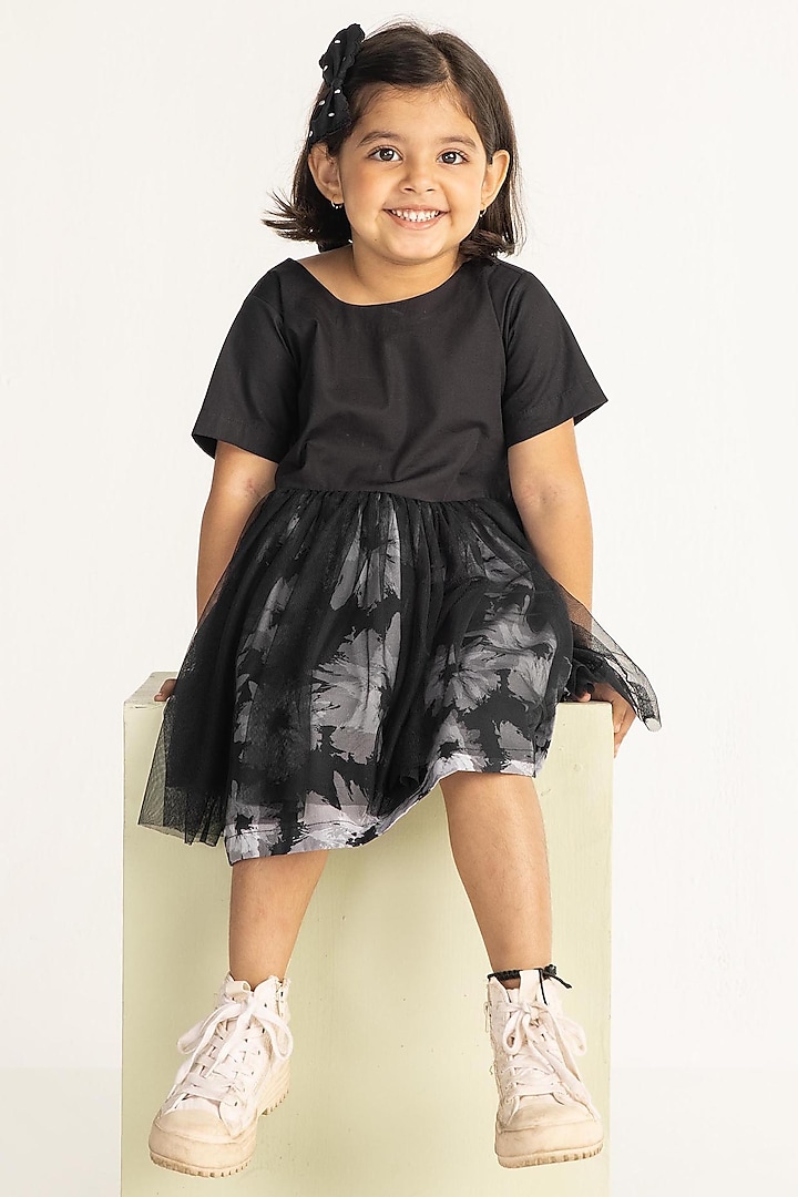 Black Floral Printed Dress For Girls by Three Kidswear